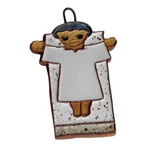 Ceramic Crucifix Jesus Ornament Glazed Speckled Pottery Hanging Decor 3.25" Vtg